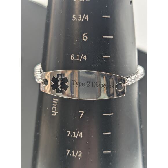 Stainless Steel Type 2 Diabetes Medical Alert CZ Chain Link Pull Bracelet - Picture 9 of 9